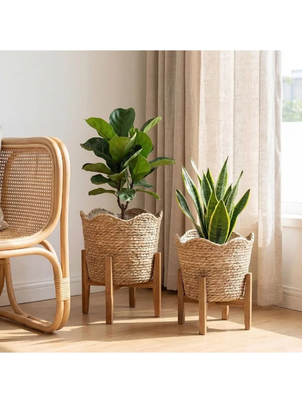 4 Large Seagrass Planter Baskets with Plastic Lining - Woven Storage Bins for